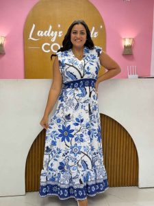 Ruffle Short Sleeve Blue & White Long Dress