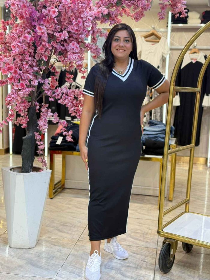 Short Sleeve White Lines Long Dress - Image 3