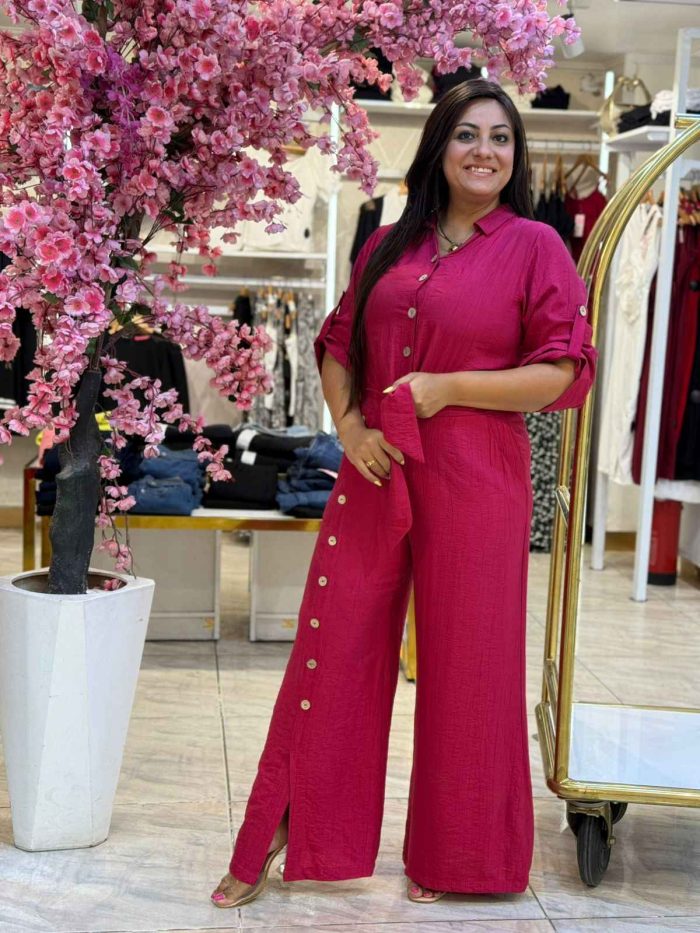 Plain Color Front Buttons Set Two Pieces Long Sleeve Top & Wide Leg Pants - Image 12