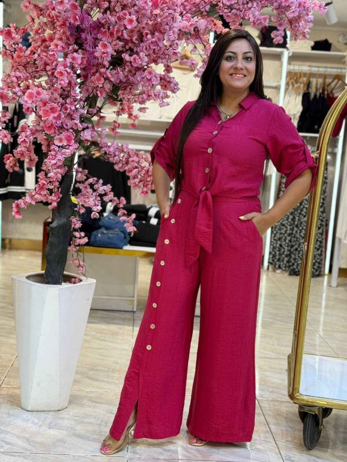 Plain Color Front Buttons Set Two Pieces Long Sleeve Top & Wide Leg Pants - Image 14