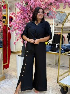 Plain Color Front Buttons Set Two Pieces Long Sleeve Top & Wide Leg Pants - Image 9