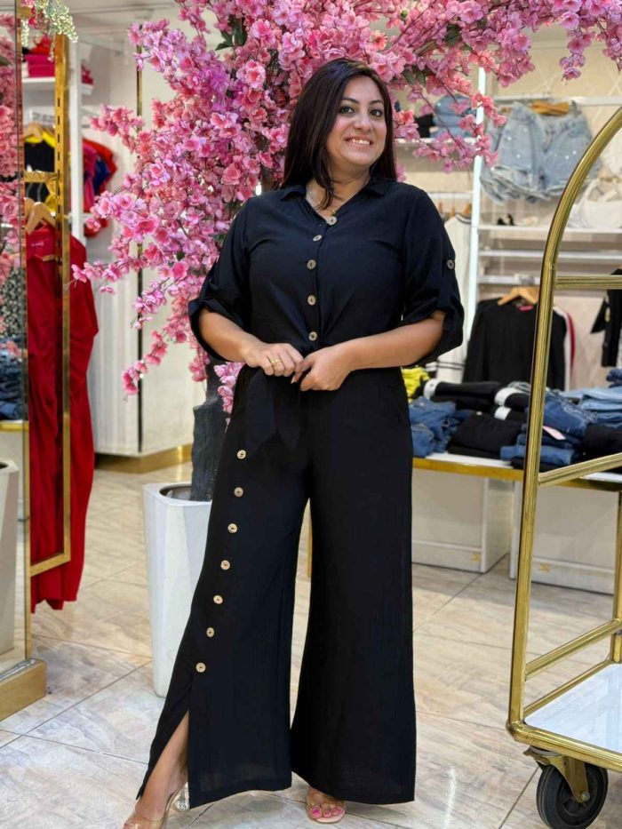 Plain Color Front Buttons Set Two Pieces Long Sleeve Top & Wide Leg Pants - Image 9