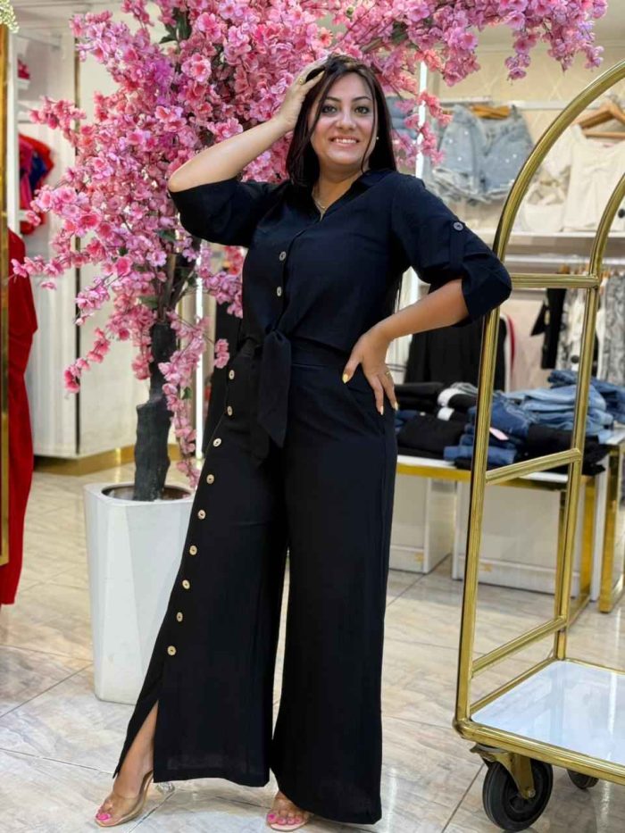 Plain Color Front Buttons Set Two Pieces Long Sleeve Top & Wide Leg Pants - Image 10