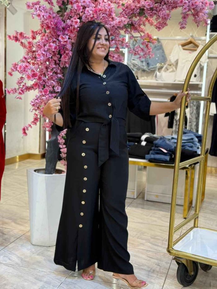 Plain Color Front Buttons Set Two Pieces Long Sleeve Top & Wide Leg Pants - Image 11