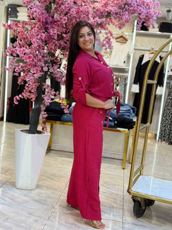 Plain Color Front Buttons Set Two Pieces Long Sleeve Top & Wide Leg Pants - Image 15