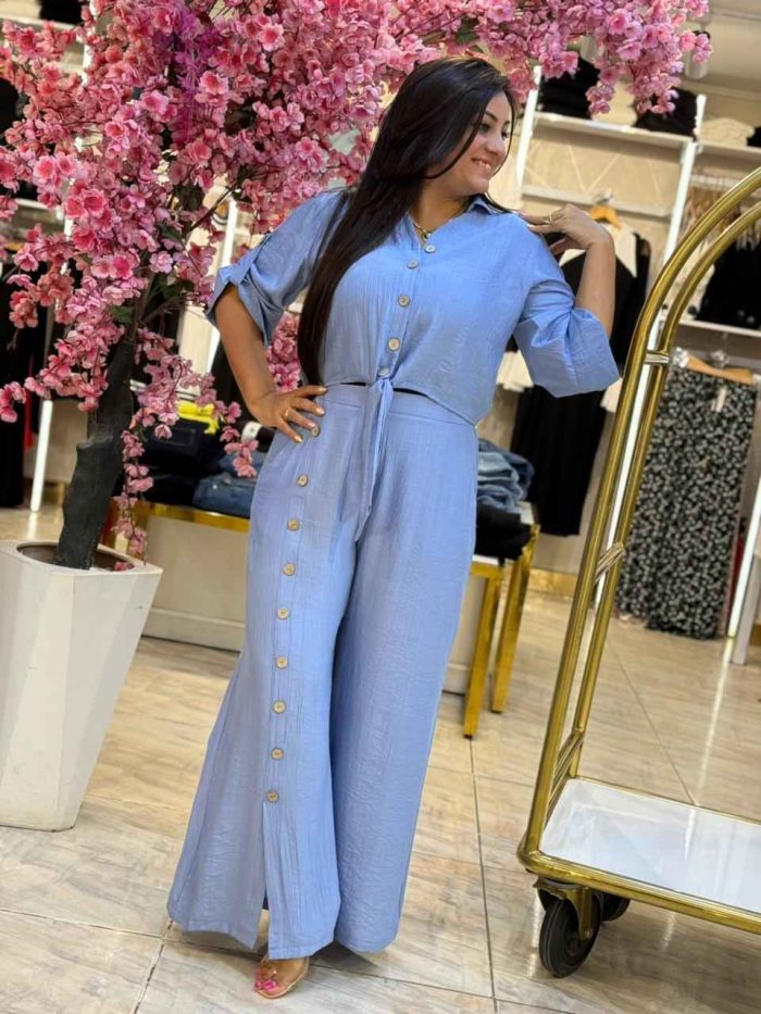 Plain Color Front Buttons Set Two Pieces Long Sleeve Top & Wide Leg Pants - Image 7