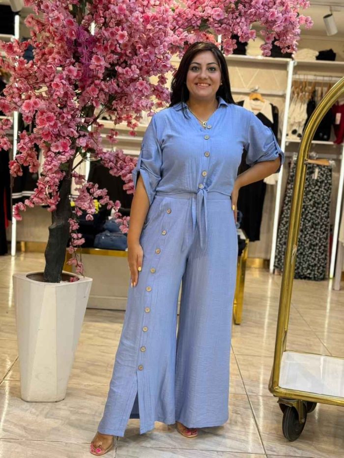 Plain Color Front Buttons Set Two Pieces Long Sleeve Top & Wide Leg Pants - Image 5