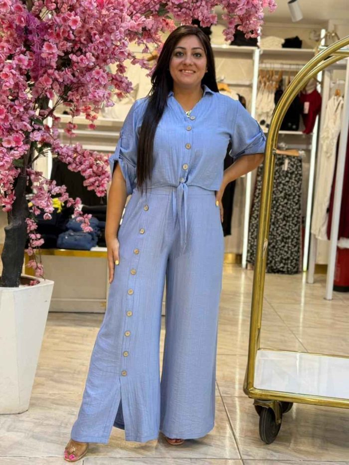 Plain Color Front Buttons Set Two Pieces Long Sleeve Top & Wide Leg Pants - Image 6