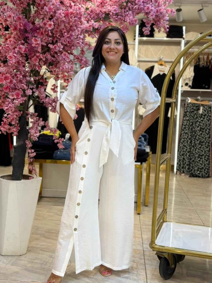 Plain Color Front Buttons Set Two Pieces Long Sleeve Top & Wide Leg Pants - Image 3