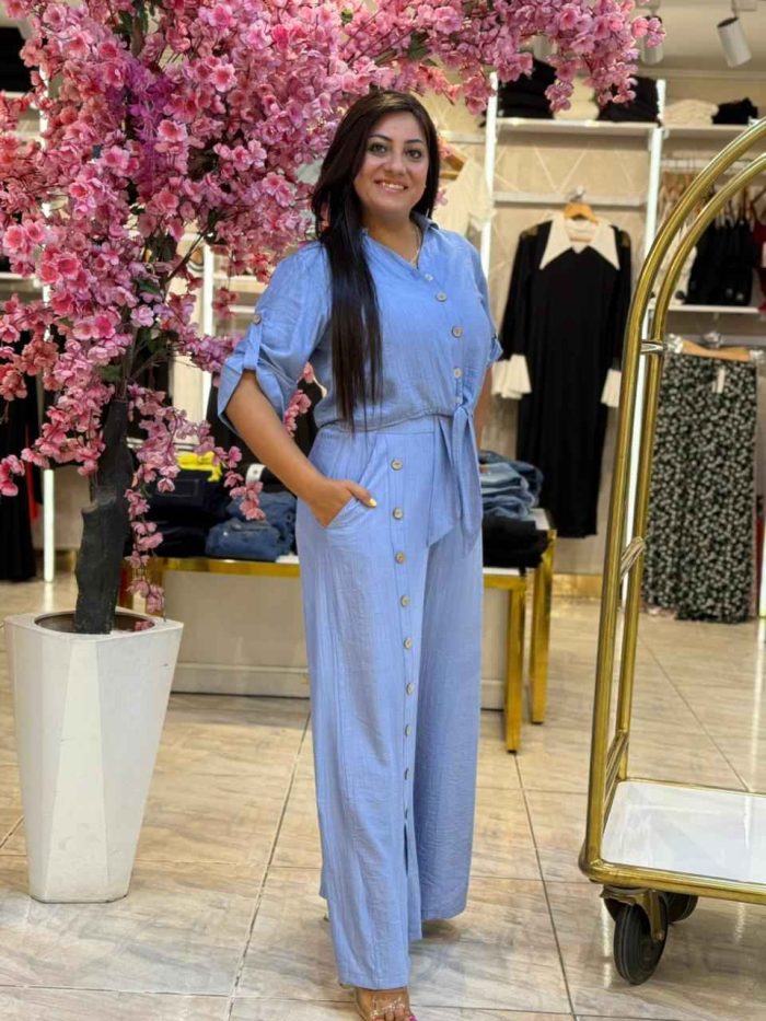 Plain Color Front Buttons Set Two Pieces Long Sleeve Top & Wide Leg Pants - Image 4