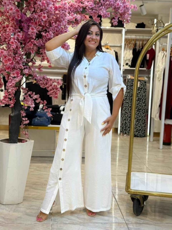 Plain Color Front Buttons Set Two Pieces Long Sleeve Top & Wide Leg Pants - Image 1