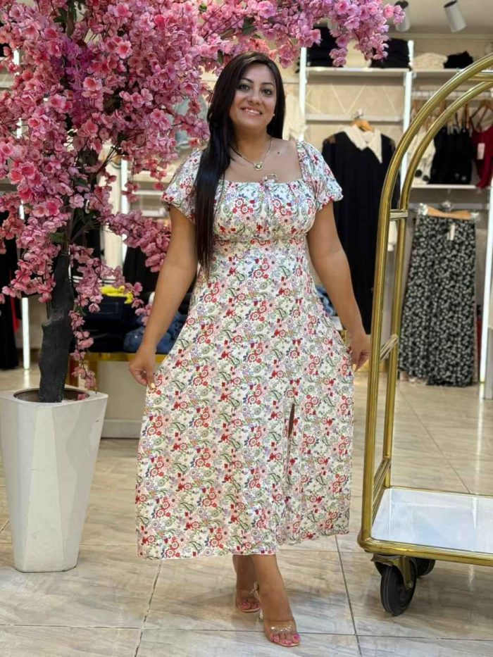 Short Sleeve Flowery Long Dress - Image 1