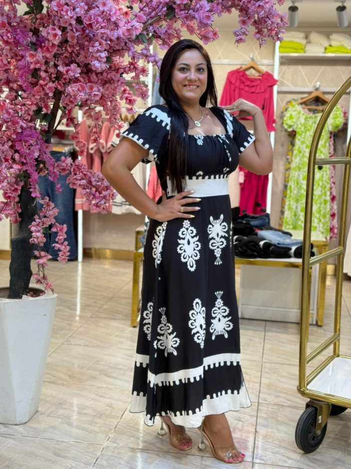 Black & White Short Sleeve Long Dress - Image 3