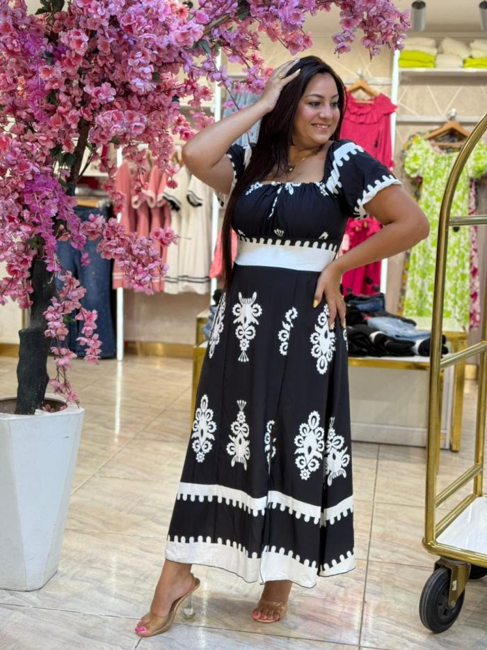 Black & White Short Sleeve Long Dress - Image 2