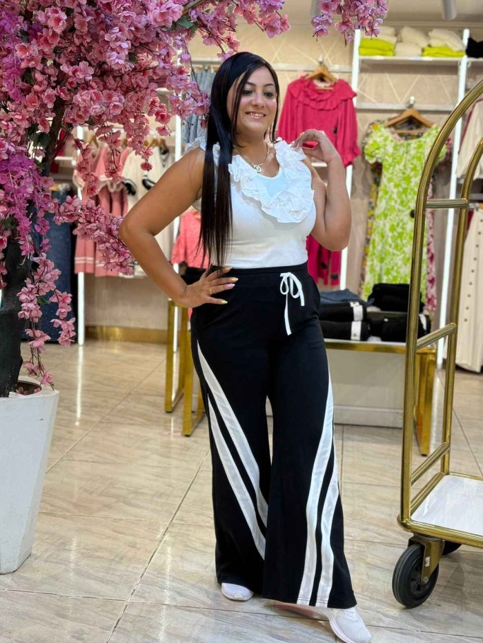 Wide Leg Black White Lines Pants - Image 2