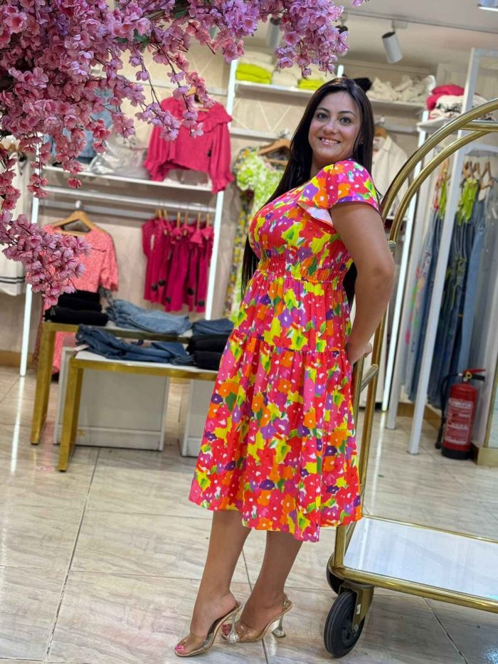 Short Sleeve Fuchsia Orange Dress - Image 1