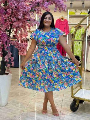 Short Sleeve Flowery Blue Dress