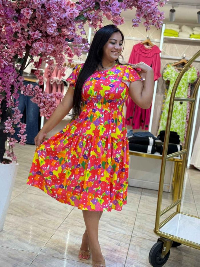 Short Sleeve Fuchsia Orange Dress - Image 4