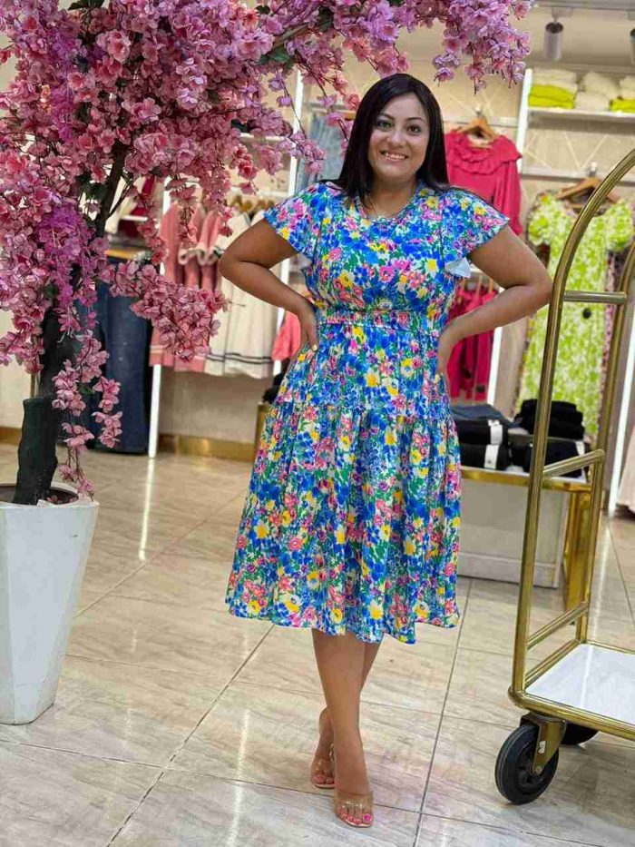 Short Sleeve Flowery Blue Dress - Image 2