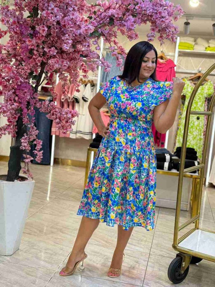 Short Sleeve Flowery Blue Dress - Image 3