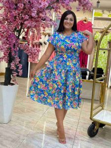 Short Sleeve Flowery Blue Dress - Image 4