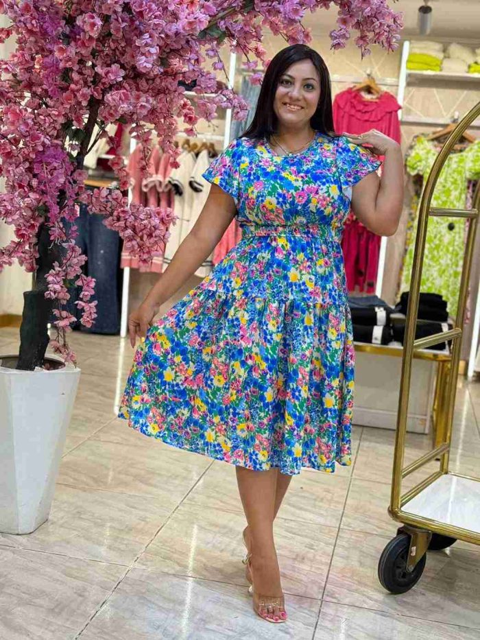 Short Sleeve Flowery Blue Dress - Image 4