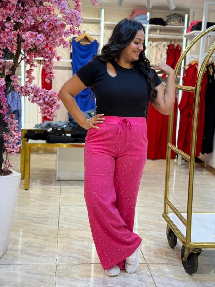 Wide Leg Plain Color Pearls Pants - Image 2