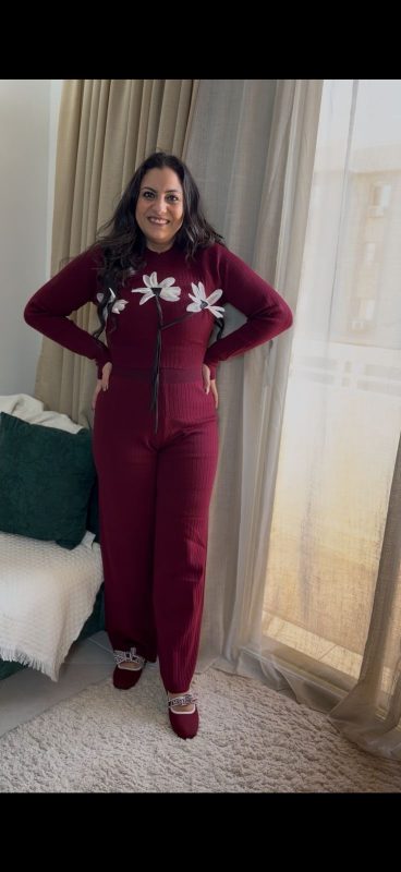 Set Two Pieces Front Flowers Long Sleeve Top & Wide Leg Pants - Image 6