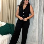 Set Two Pieces Front Buttons Sleeveless Top & Wider Leg Pants