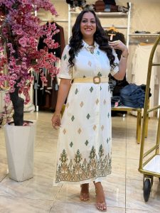 Short Sleeve Plaid Long Dress With Belt - Image 5