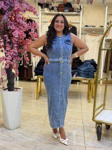 ⁦Sleeveless Front Buttons Long Jeans Dress⁩ - الصورة ⁦5⁩