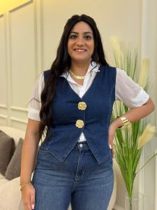 Sleeveless Jeans Vest With Gold Broochs