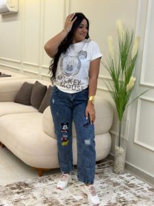 ⁦Wide Leg Cutting Jeans with Mickey Mouse embroidery Pants⁩ - الصورة ⁦2⁩