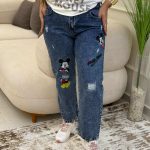 Wide Leg Cutting Jeans with Mickey Mouse embroidery Pants