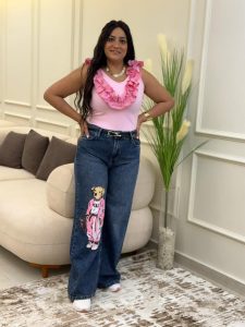 ⁦Wide Leg Rose Teddy Bear Jeans Pants⁩ - الصورة ⁦4⁩