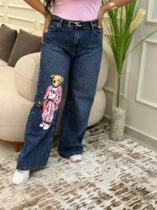 Wide Leg Rose Teddy Bear Jeans Pants