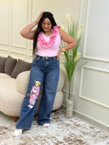 ⁦Wide Leg Rose Teddy Bear Jeans Pants⁩ - الصورة ⁦5⁩