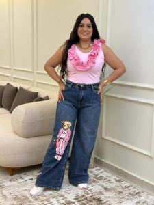 ⁦Wide Leg Rose Teddy Bear Jeans Pants⁩ - الصورة ⁦6⁩