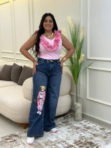 ⁦Wide Leg Rose Teddy Bear Jeans Pants⁩ - الصورة ⁦8⁩
