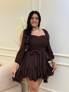 ⁦Open Sleeve Plain Color Short Chiffon Dress⁩ - الصورة ⁦3⁩