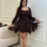 Open Sleeve Plain Color Short Chiffon Dress