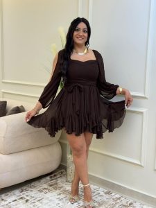 Open Sleeve Plain Color Short Chiffon Dress