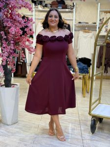 ⁦Off Shoulder Plain Color Front Flowers Long Dress⁩ - الصورة ⁦6⁩