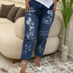 Wide Leg Mickey Mouse White Print Jeans Pants
