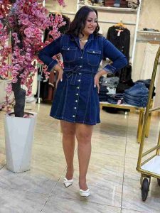 Long Sleeve Belted Short Jeans Dress - Image 2