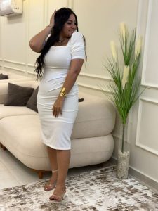 ⁦Short Sleeve Plain Color Long Dress⁩ - الصورة ⁦2⁩