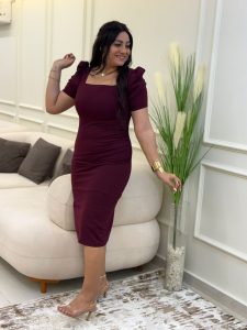 ⁦Short Sleeve Plain Color Long Dress⁩ - الصورة ⁦4⁩
