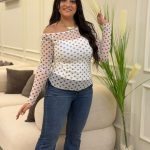 Polka Dot Print Tulle Blouse with Long Sleeves