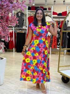 Short Sleeve Flowery Long Dress