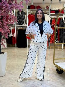 Set Two Pieces Polka Dots Long Sleeve Jacket & Wide Leg Pants